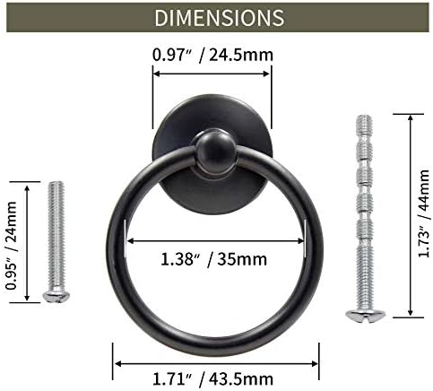 6Pcs Round Ring Drawer Pulls Matte Black Handles for Cabinets