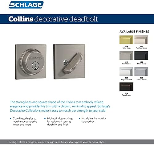 SchLageB60 N COL 626 Deadbolt with Collins Trim Keyed 1 Side Satin Chrome