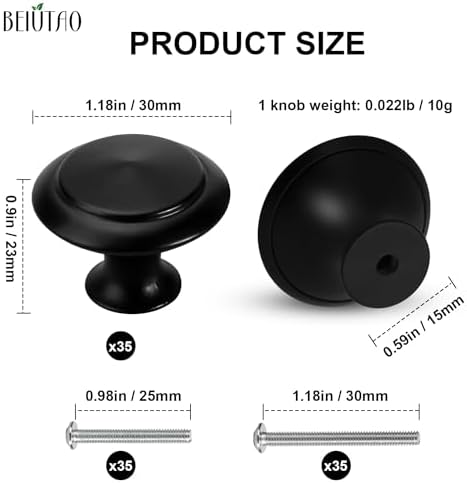 Matte Black Cabinet Knobs 35 Pack for Kitchen and Bathroom