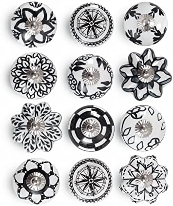 INDIAN ARTIFICIAL Handmade Ceramic Cabinet Knobs Set of 12 Black White