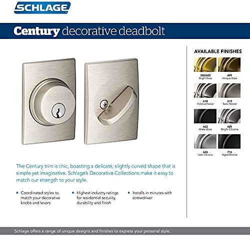 Schlage B60N CEN716 Deadbolt with Century Trim Secure Front Door Access