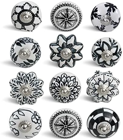 INDIAN ARTIFICIAL Handmade Ceramic Cabinet Knobs Set of 12 Black White