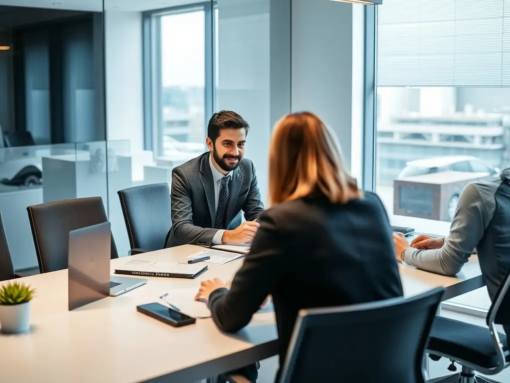 A consultant discussing digital transformation strategies with a client in a modern office setting, focusing on innovative technology solutions.
