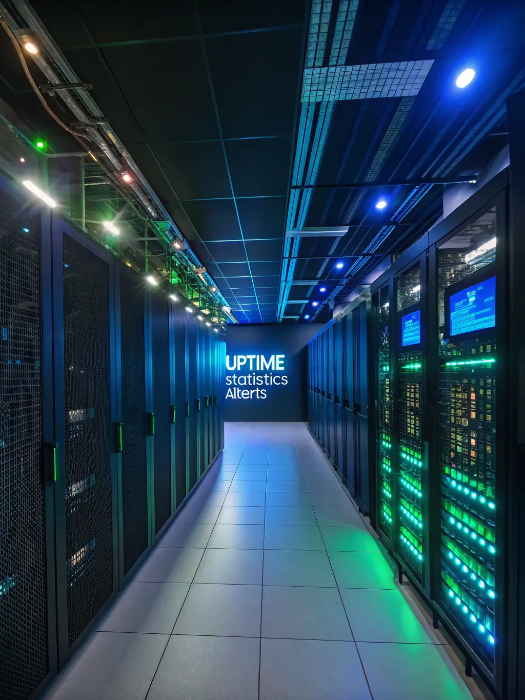 A high-tech server room with blinking lights, representing the infrastructure expertise of HELIOVRATECH LTD.