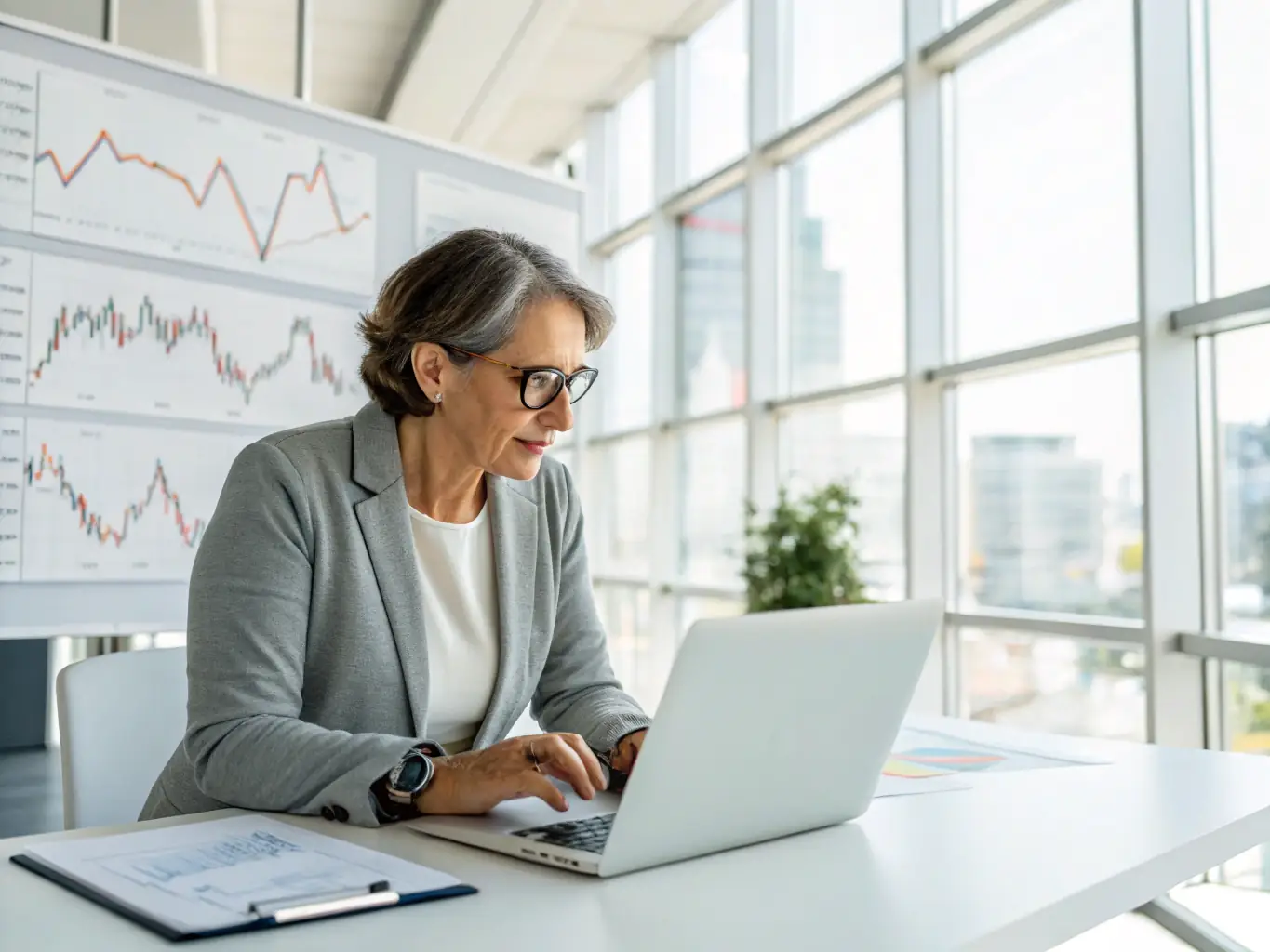 A financial analyst reviewing market data on multiple screens in a modern office, representing the financial services industry.
