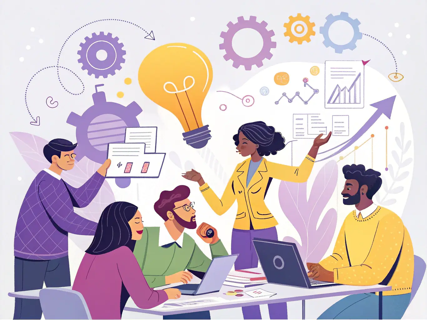 A team of data scientists collaborating on an AI project with visual data representations on screens, showcasing AI solutions development.