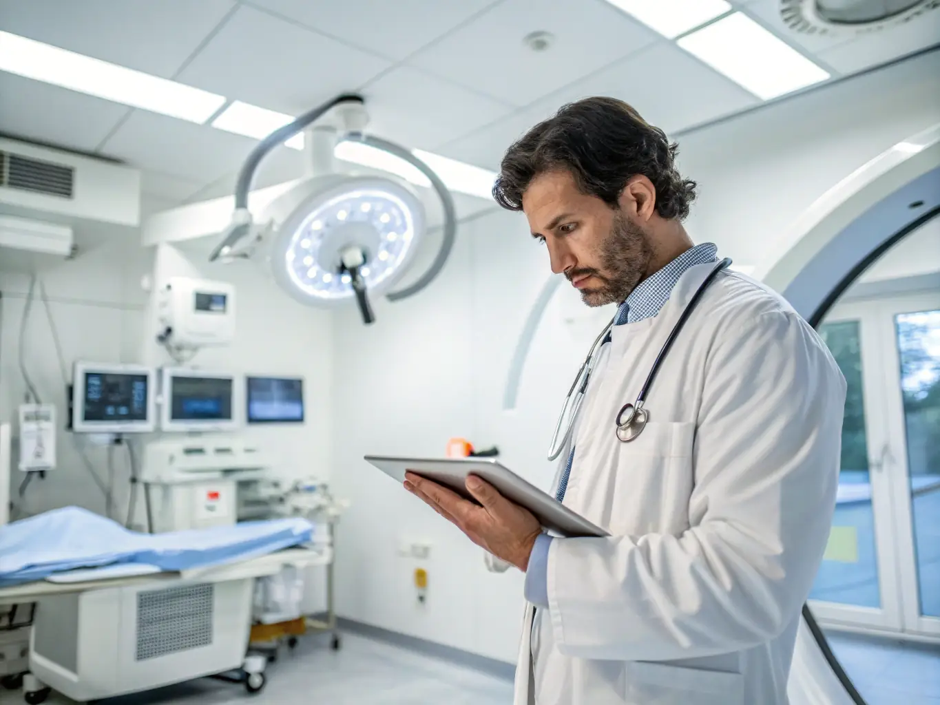 A doctor using a tablet to review patient data in a modern hospital setting, representing the healthcare industry.