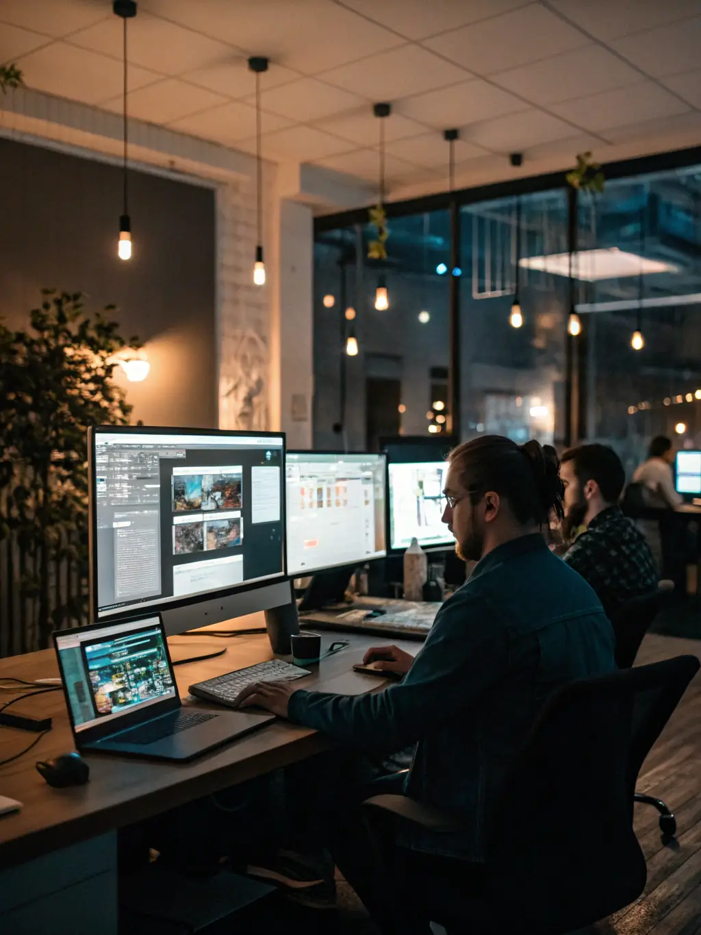 A modern software development environment with developers coding, showcasing HELIOVRATECH LTD's software development skills.