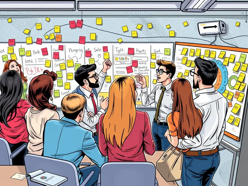 A diverse team of consultants brainstorming and collaborating in a modern, open-plan office, representing HELIOVRATECH LTD's collaborative approach to problem-solving.